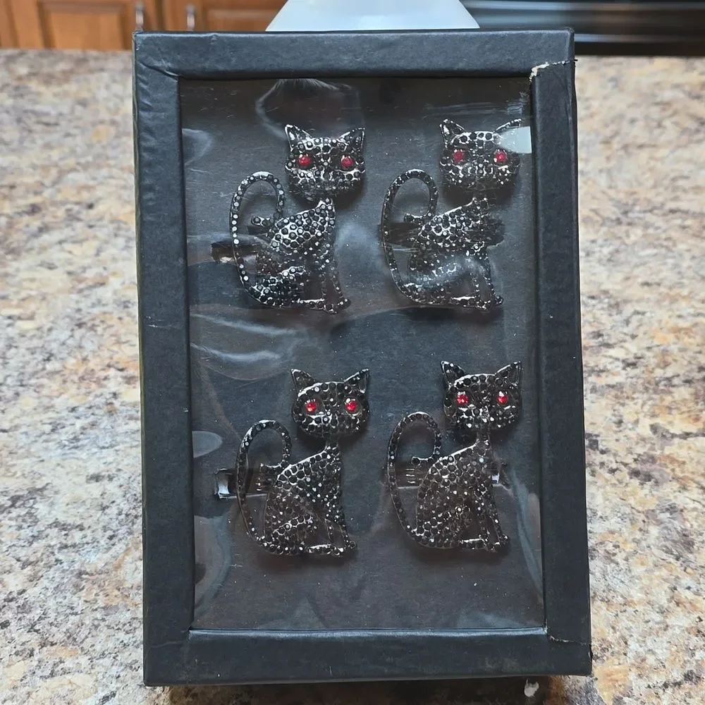 Tahari Black Cat Rhinestone Napkin Rings Set of 4 Red Eyes Halloween